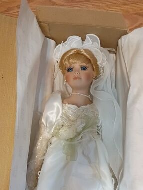 Porcelain Bridal Doll in White Wedding Gown with Blonde Hair